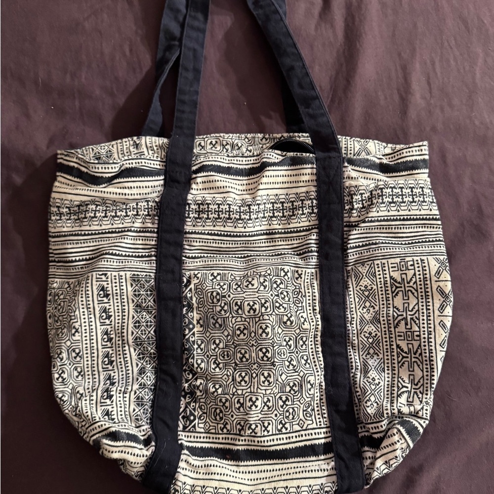 Canvas Navy Blue Tote Bag With Ethnic Pattern Zips Shit